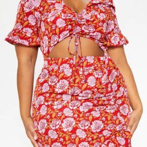 PLUS RED FLORAL RUCHED CUT OUT BODYCON DRESS